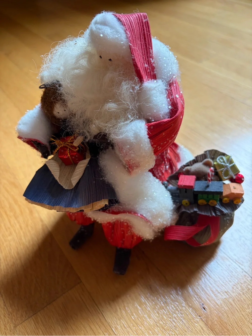 vintage nan’s cornhusk doll santa with child on lap